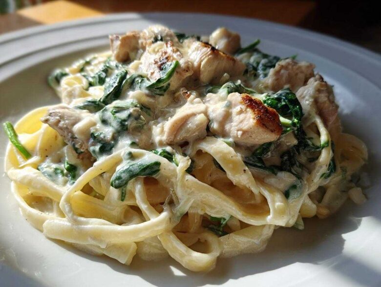 Close-up of Creamy Spinach Chicken Pasta with Alfredo Sauce featuring fettuccine, chunks of seared chicken, and wilted spinach.
