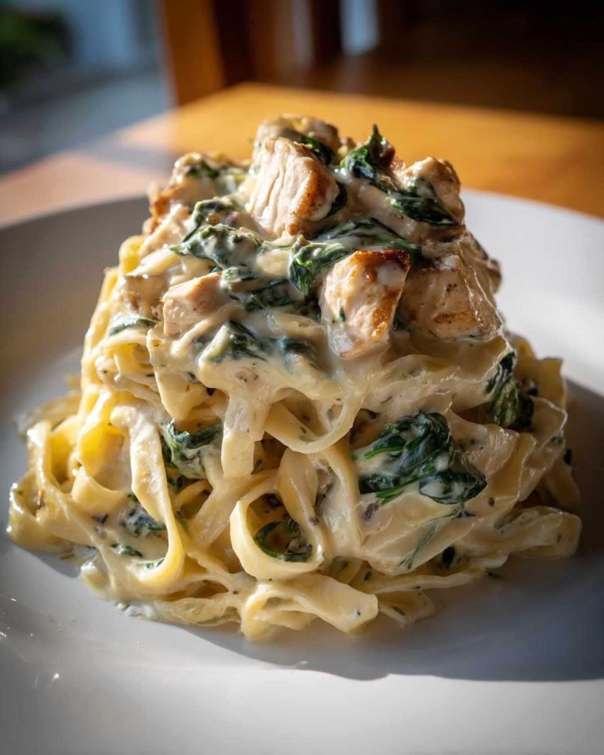 A close-up of a generous serving of Creamy Spinach Chicken Pasta with Alfredo Sauce piled high on a white plate.