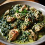 Close-up of tender chicken pieces swimming in a rich, creamy spinach sauce topped with Parmesan cheese in the Creamy Spinach Chicken Skillet.