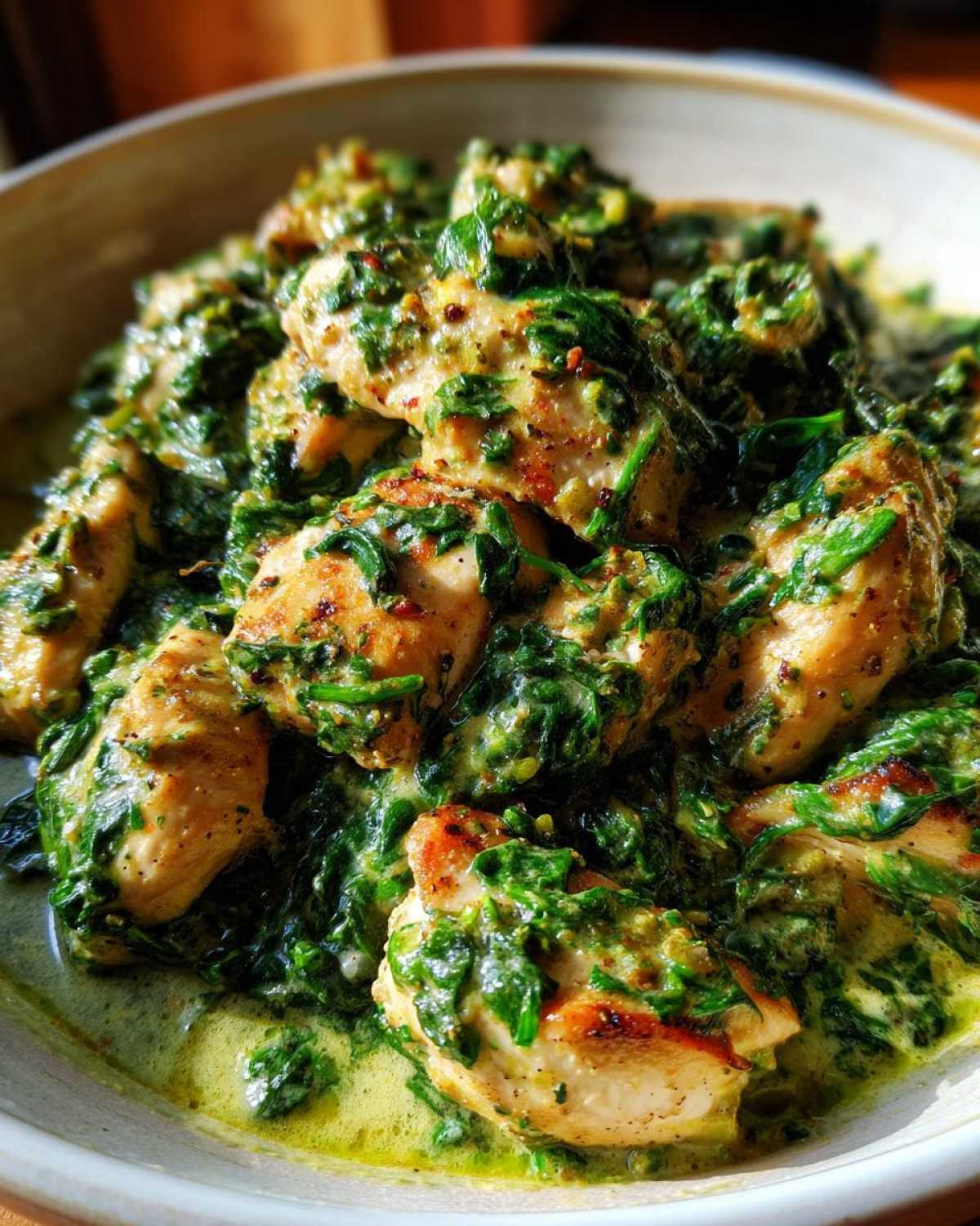 Close-up of seared chicken pieces smothered in a rich, creamy spinach and Parmesan sauce.