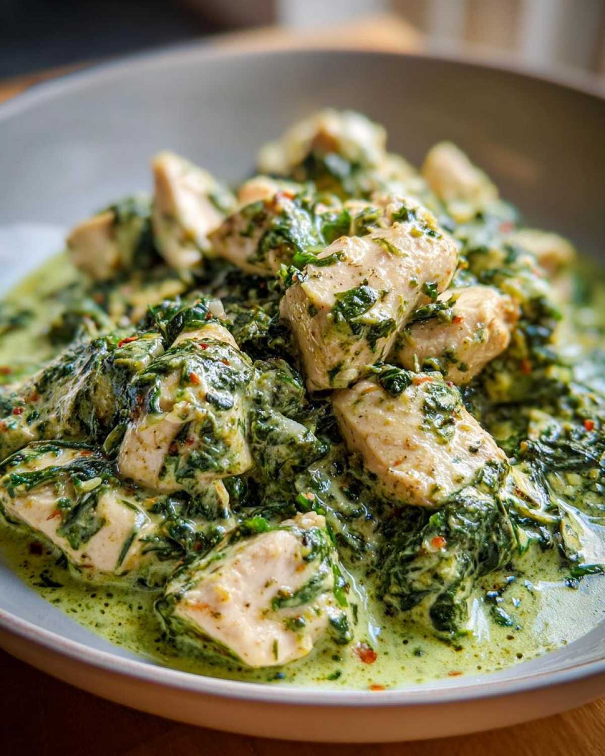 Close-up of tender chicken pieces coated in a rich, green, creamy spinach sauce, served in a bowl.