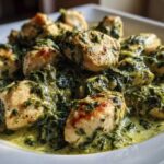 Bite-sized pieces of pan-seared chicken nestled in a rich, creamy spinach sauce, part of the Creamy Spinach Chicken Skillet with Parmesan.