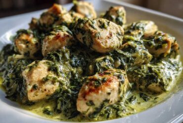 Bite-sized pieces of pan-seared chicken nestled in a rich, creamy spinach sauce, part of the Creamy Spinach Chicken Skillet with Parmesan.