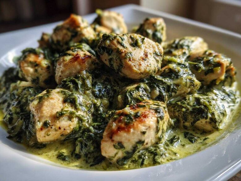Bite-sized pieces of pan-seared chicken nestled in a rich, creamy spinach sauce, part of the Creamy Spinach Chicken Skillet with Parmesan.