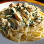 Close-up of a generous serving of Creamy Spinach Pasta with Chicken Dinner featuring fettuccine, diced chicken, and wilted spinach in a rich white sauce.