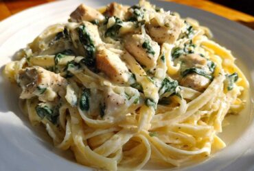 Close-up of a generous serving of Creamy Spinach Pasta with Chicken Dinner featuring fettuccine, diced chicken, and wilted spinach in a rich white sauce.