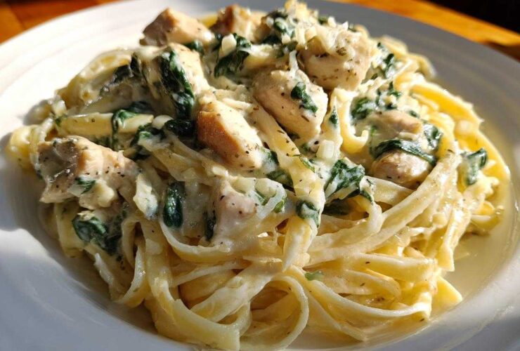 Close-up of a generous serving of Creamy Spinach Pasta with Chicken Dinner featuring fettuccine, diced chicken, and wilted spinach in a rich white sauce.