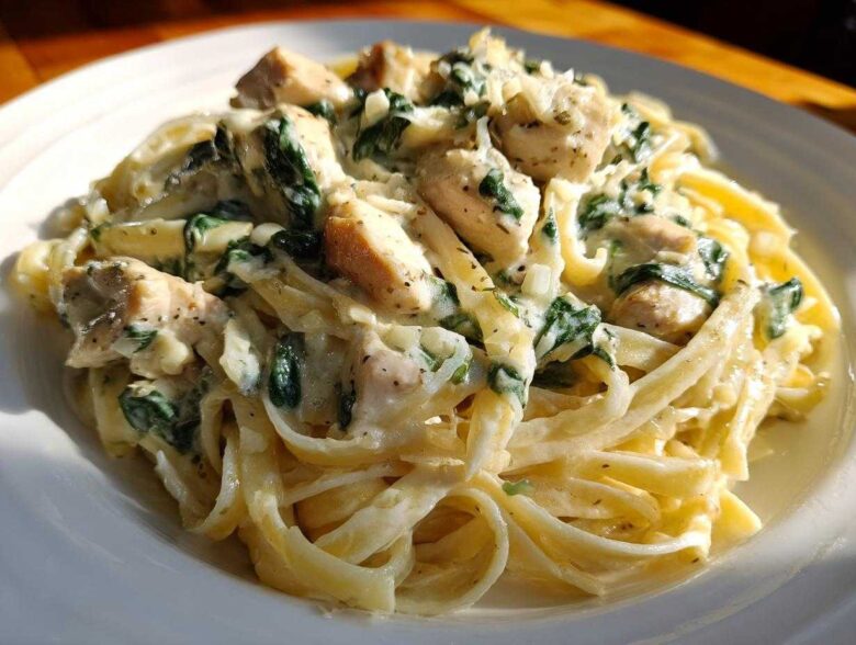 Close-up of a generous serving of Creamy Spinach Pasta with Chicken Dinner featuring fettuccine, diced chicken, and wilted spinach in a rich white sauce.