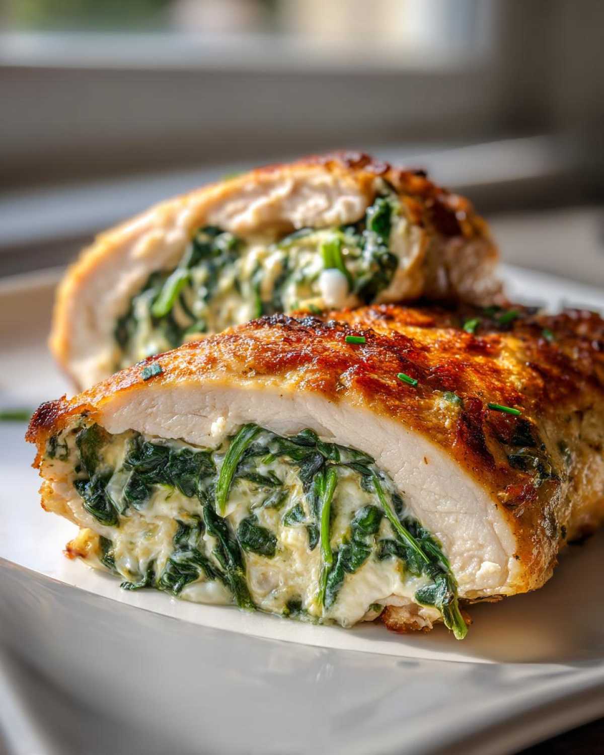 Close-up of a pan-seared Creamy Spinach Stuffed Chicken Breast cut in half, showing the rich, cheesy spinach filling.