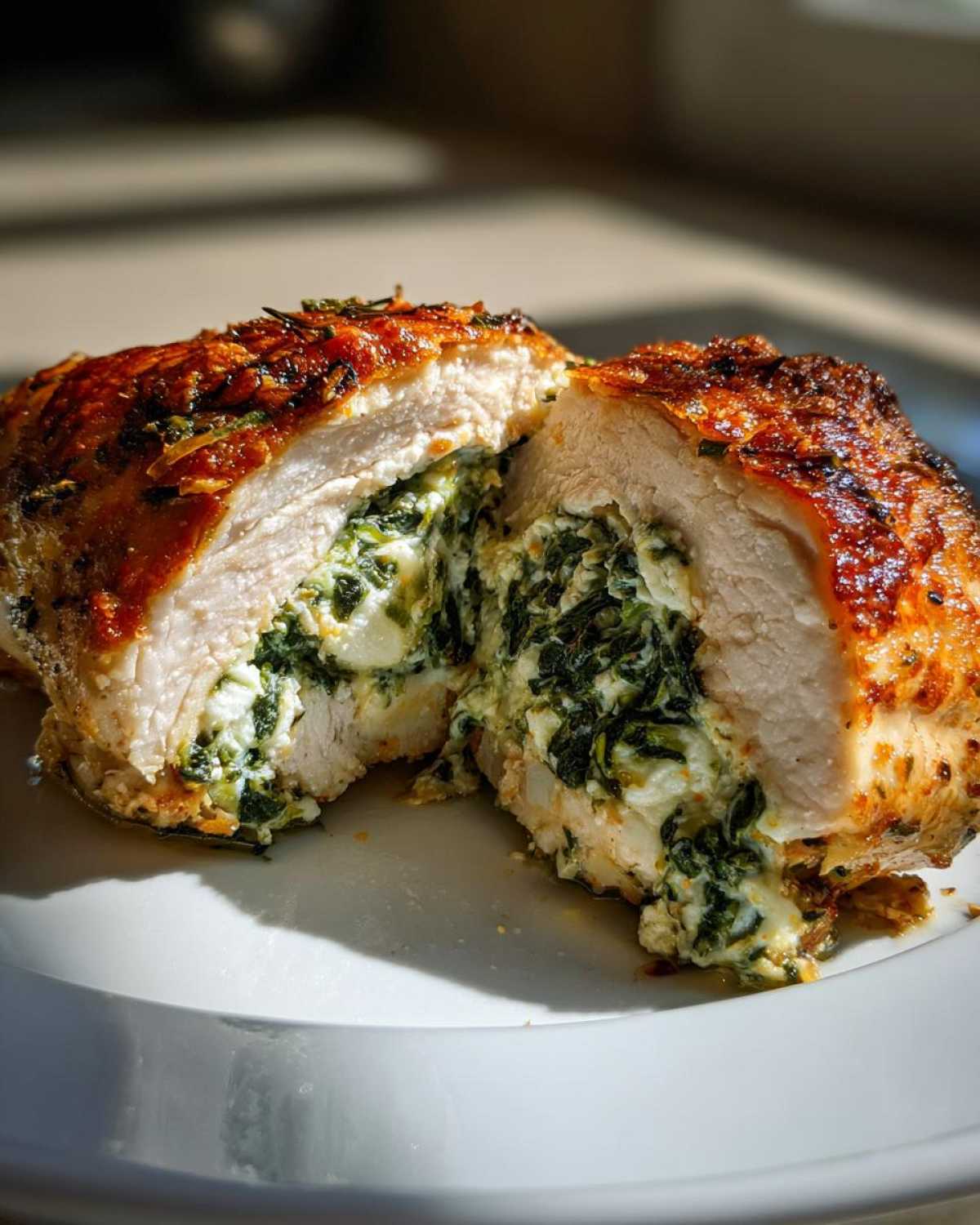A perfectly cooked Creamy Spinach Stuffed Chicken Breast cut in half, showing the rich spinach and cheese filling.