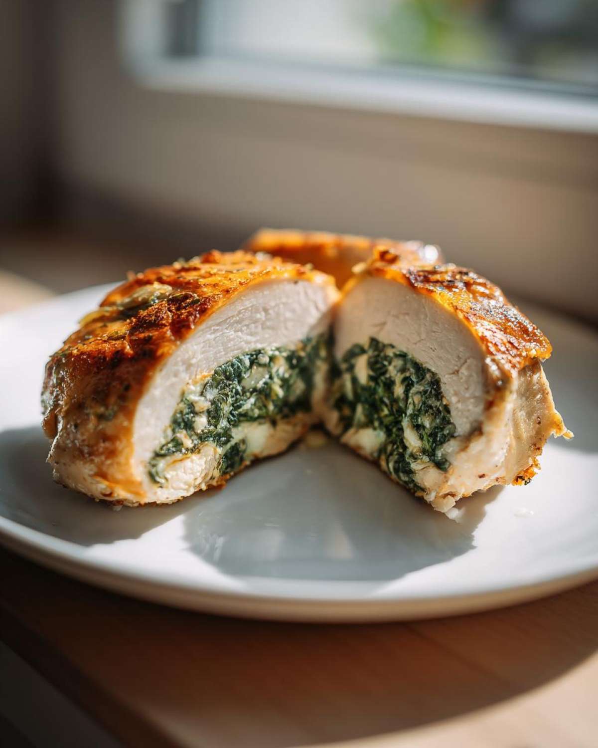 Cross-section of a golden-brown Creamy Spinach Stuffed Chicken Breast showing the rich green filling.