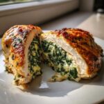 Cross-section of a golden-brown Creamy Spinach Stuffed Chicken Breast showing the rich spinach and cheese filling.
