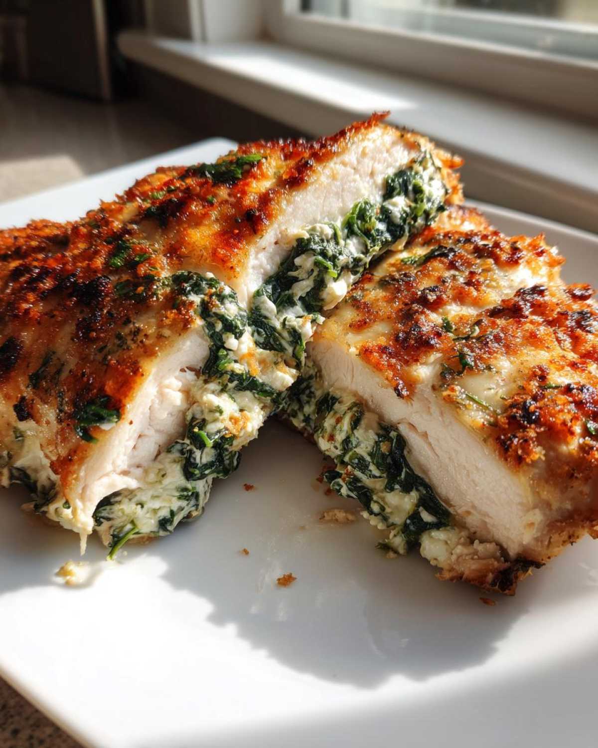 A golden-brown, pan-seared Creamy Spinach Stuffed Chicken Breast cut in half, revealing the rich spinach and cheese filling.