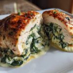 Cross section of a perfectly cooked Creamy Spinach Stuffed Chicken Breast oozing creamy spinach filling.