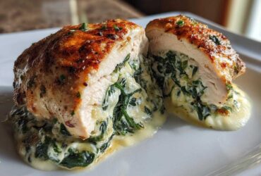 Cross section of a perfectly cooked Creamy Spinach Stuffed Chicken Breast oozing creamy spinach filling.