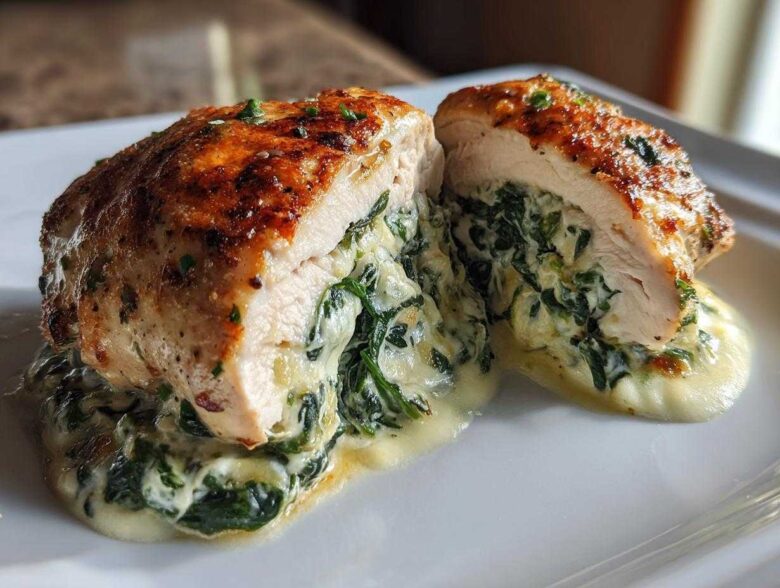 Cross section of a perfectly cooked Creamy Spinach Stuffed Chicken Breast oozing creamy spinach filling.