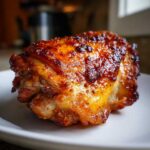 Close-up of a single, perfectly cooked Crispy Baked Chicken Thighs with deeply browned, glistening skin.