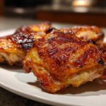 Close-up of three pieces of Crispy Baked Chicken Thighs with a dark, shiny, caramelized skin.