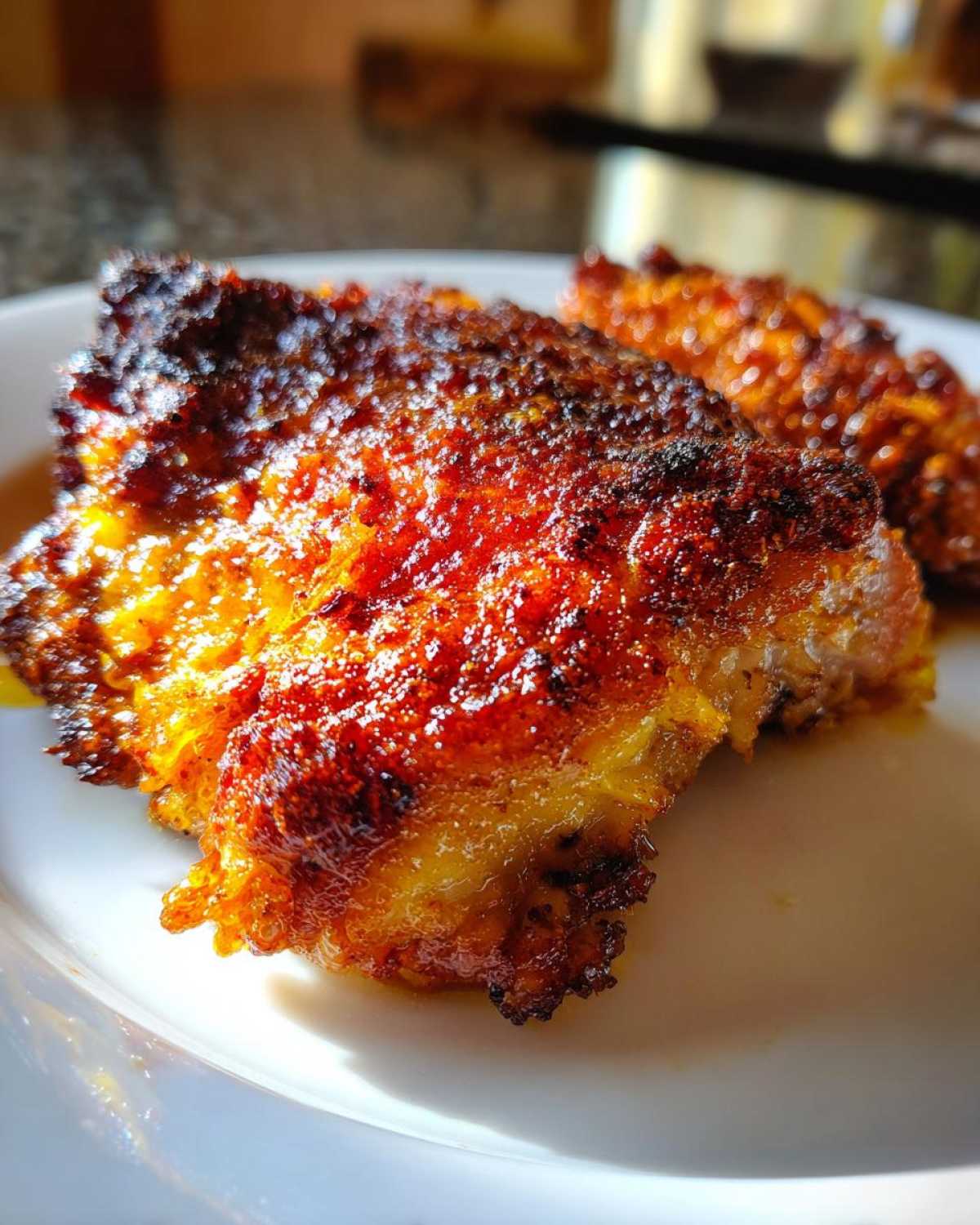 Close-up of a piece of Crispy Baked Chicken Thighs with a deeply browned, textured skin.