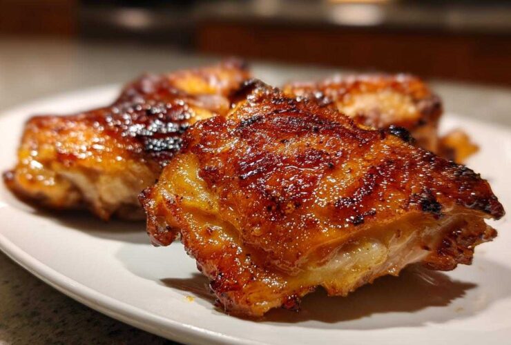 Close-up of three pieces of Crispy Baked Chicken Thighs with a dark, shiny, caramelized skin.