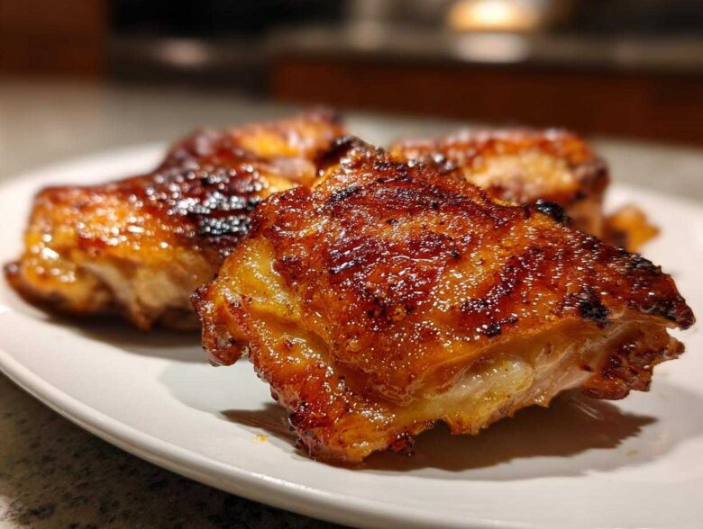 Close-up of three pieces of Crispy Baked Chicken Thighs with a dark, shiny, caramelized skin.
