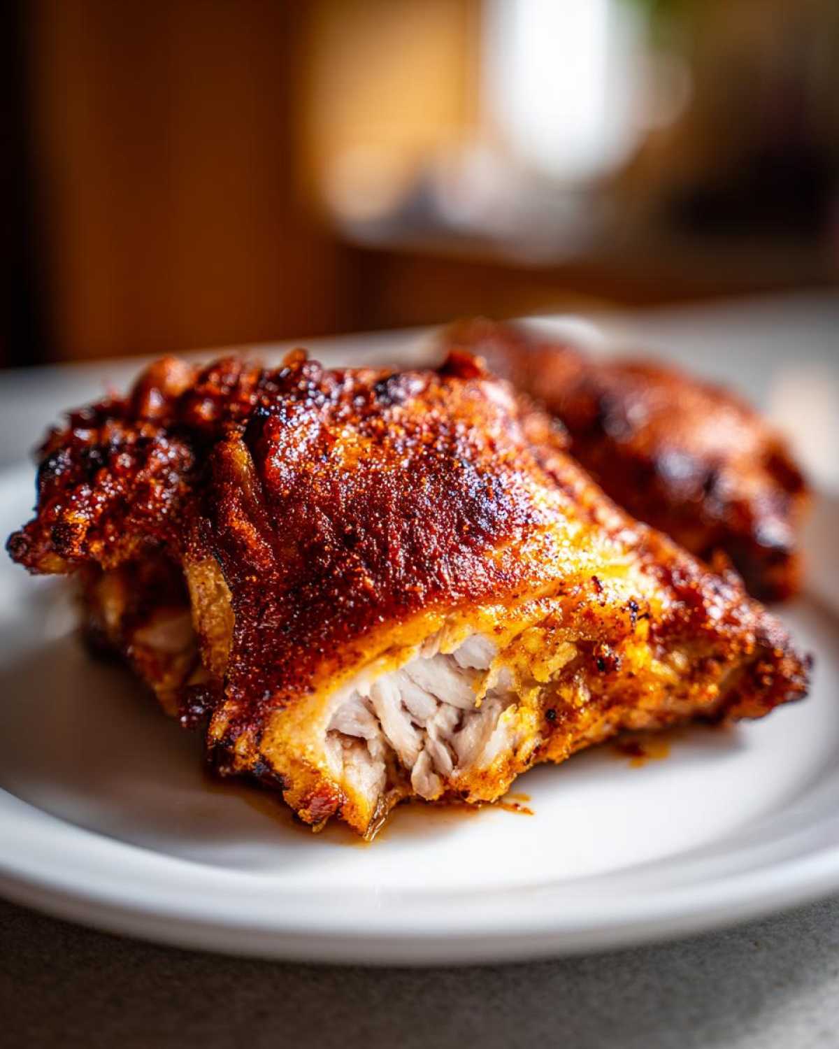 Close-up of a piece of Crispy Baked Chicken Thighs with a dark, seasoned crust and juicy white meat visible inside.