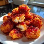 A close-up of golden brown Crispy Chicken Bites with Sweet Chili Sauce drizzled over them on a white plate.