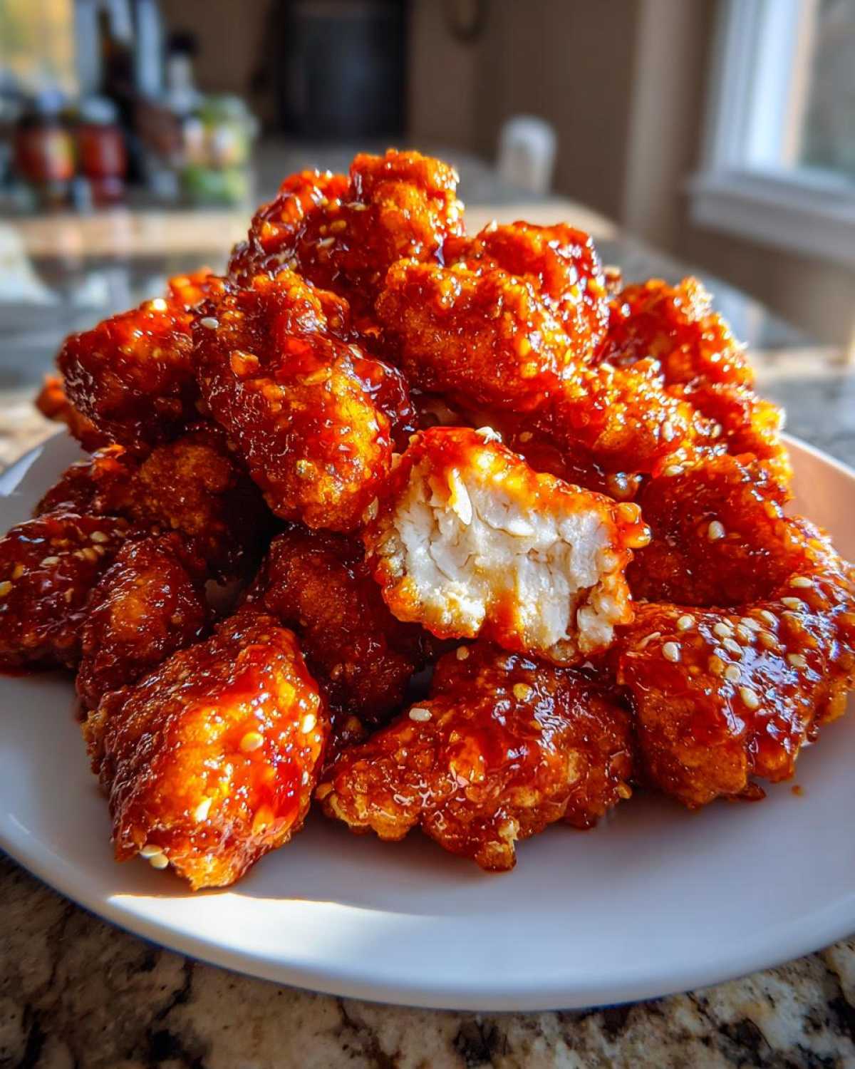 A mound of Crispy Chicken Bites with Sweet Chili Sauce, coated in a glossy red glaze and sprinkled with sesame seeds. One piece is broken open showing the white interior.