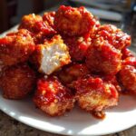 A mound of Crispy Chicken Bites coated in glistening, bright red sweet chili sauce, served on a white plate.