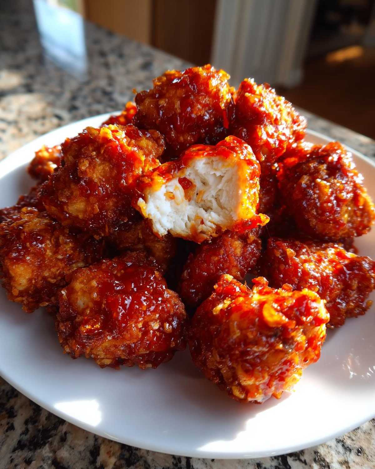 A pile of Crispy Chicken Bites coated in shiny, red sweet chili sauce, with one piece broken open showing white meat.