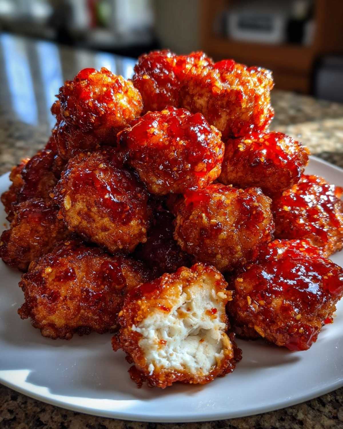 A mound of golden brown Crispy Chicken Bites generously coated in glistening, bright red sweet chili sauce, with one piece broken open.