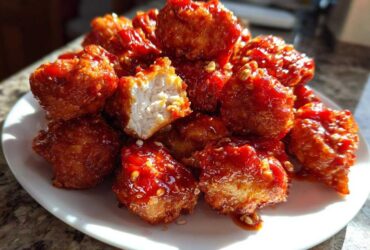 A mound of Crispy Chicken Bites coated in glistening, bright red sweet chili sauce, served on a white plate.