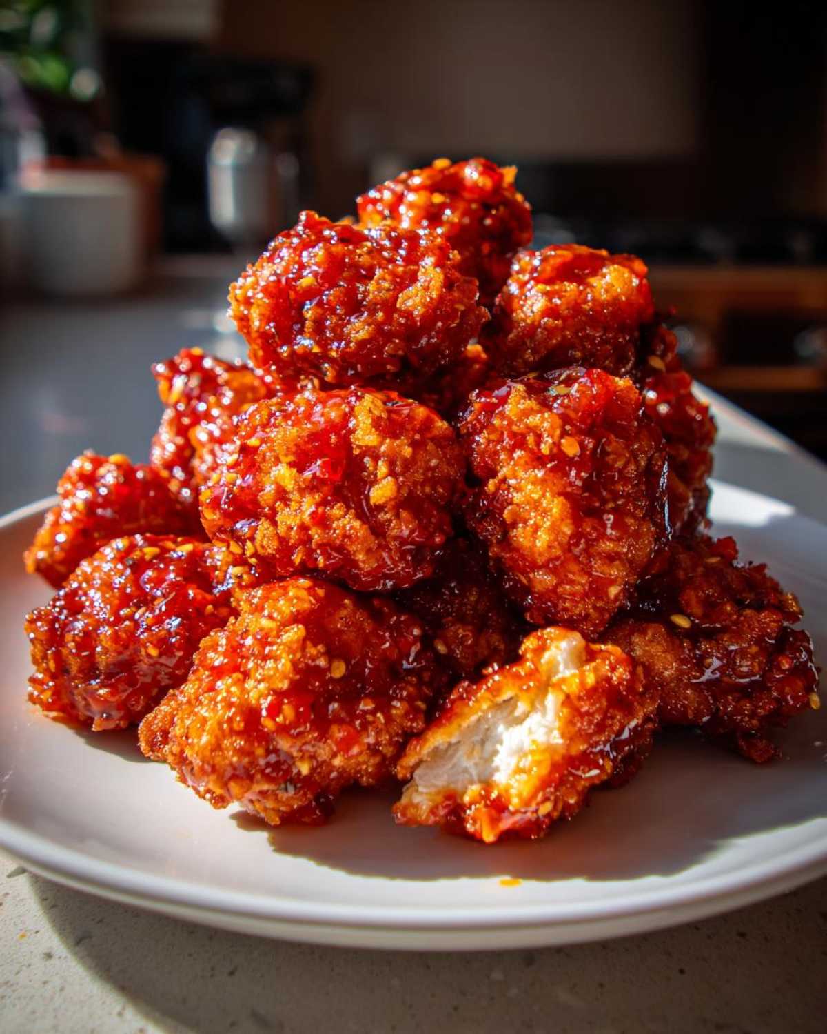 A pile of Crispy Chicken Bites with Sweet Chili Sauce, glistening with glaze, with one piece broken open showing the white meat.