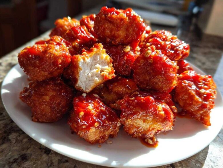 A mound of Crispy Chicken Bites coated in glistening, bright red sweet chili sauce, served on a white plate.