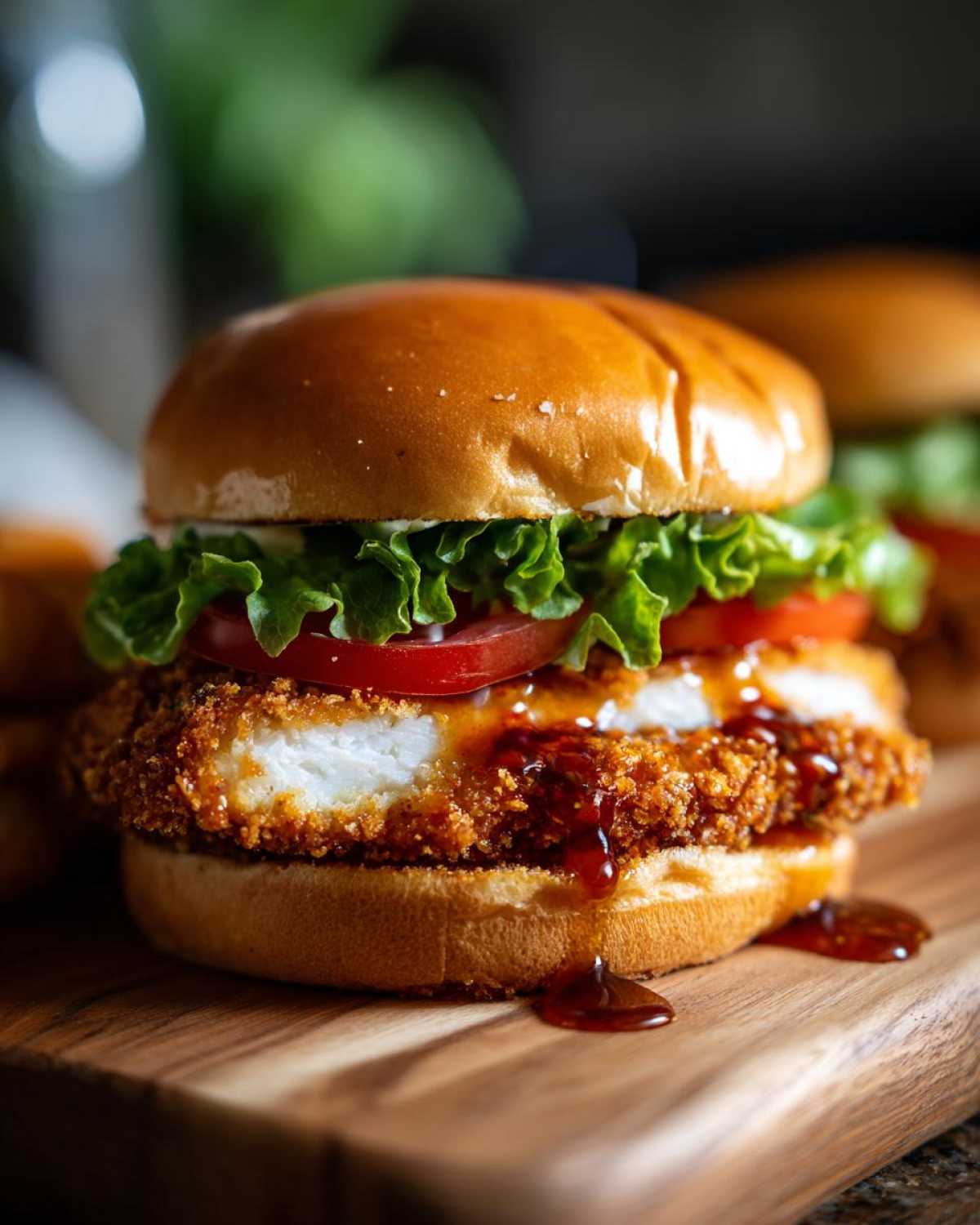 A mouthwatering Crispy Chicken Burger with honey mustard sauce dripping over the golden fried chicken patty, lettuce, and tomato.