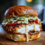 A juicy, thick Crispy Chicken Burger with Honey Mustard Sauce dripping down the sides, served on a brioche bun with lettuce and tomato.