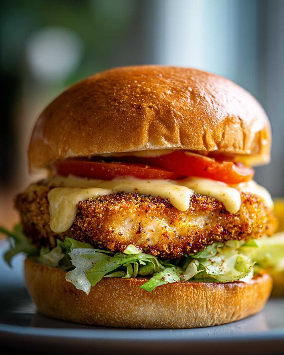 A close-up, appetizing shot of a Crispy Chicken Burger with honey mustard sauce dripping over the patty, lettuce, and tomato.