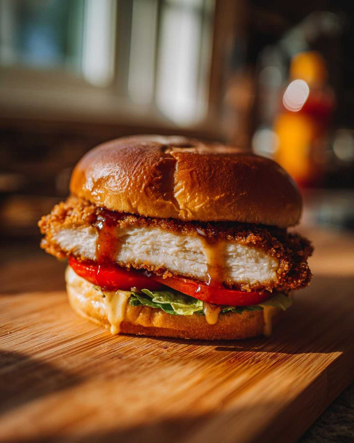 A thick, juicy Crispy Chicken Burger with Honey Mustard Sauce, lettuce, and tomato on a brioche bun, resting on a wooden board.