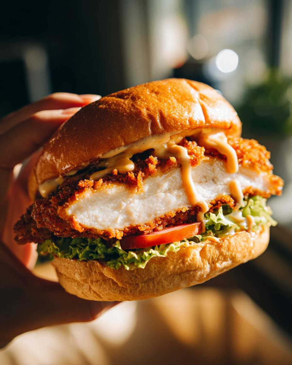 Close-up of a juicy Crispy Chicken Burger with Honey Mustard Sauce, showing thick white chicken breast, lettuce, and tomato.