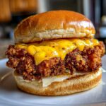 A close-up of a Crispy Chicken Burger with Melty Cheese featuring a thick, heavily breaded fried chicken fillet dripping with bright yellow cheese on a brioche bun.
