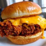 A close-up of a Crispy Chicken Burger with Melty Cheese featuring a thick, crunchy fried chicken patty covered in dripping orange cheese on a brioche bun.