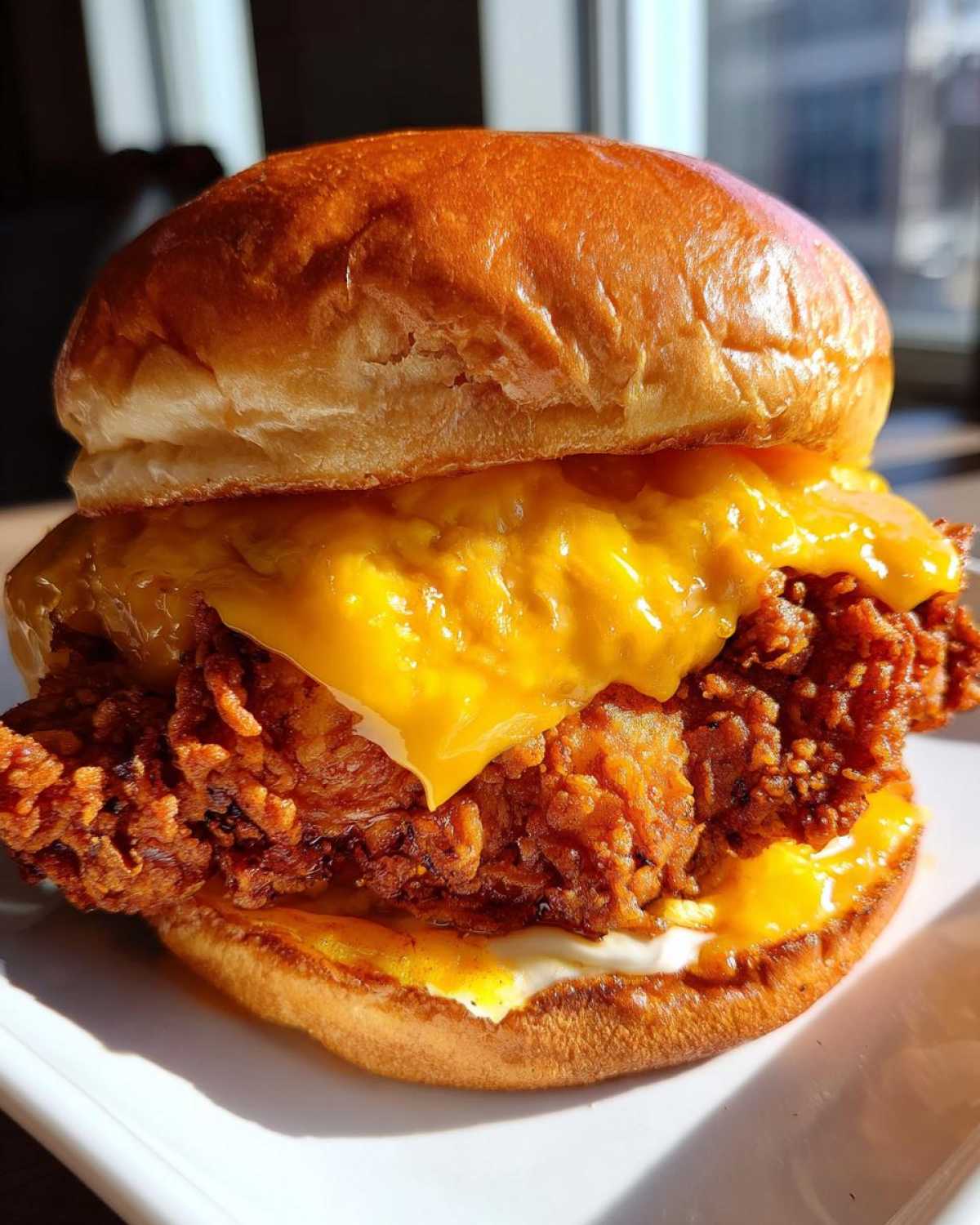 A close-up shot of a Crispy Chicken Burger with Melty Cheese on a brioche bun, served on a white plate.