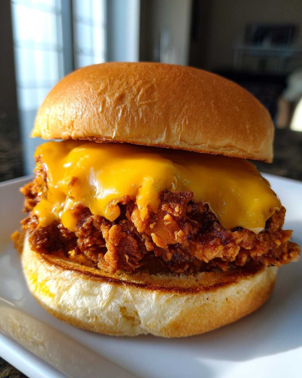A close-up of a Crispy Chicken Burger with Melty Cheese featuring a thick, crunchy fried chicken patty covered in bright orange melted cheese on a soft bun.