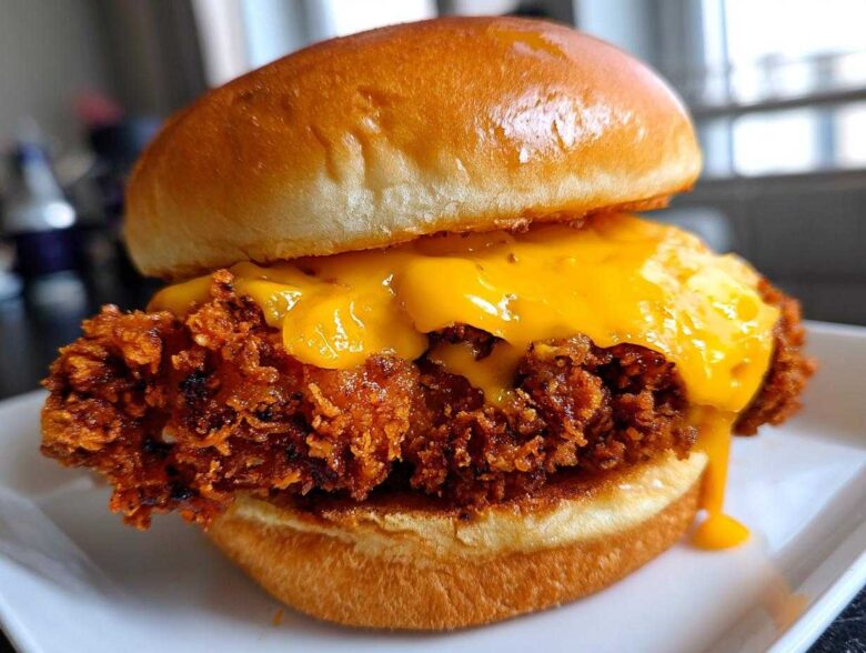 A close-up of a Crispy Chicken Burger with Melty Cheese featuring a thick, crunchy fried chicken patty covered in dripping orange cheese on a brioche bun.