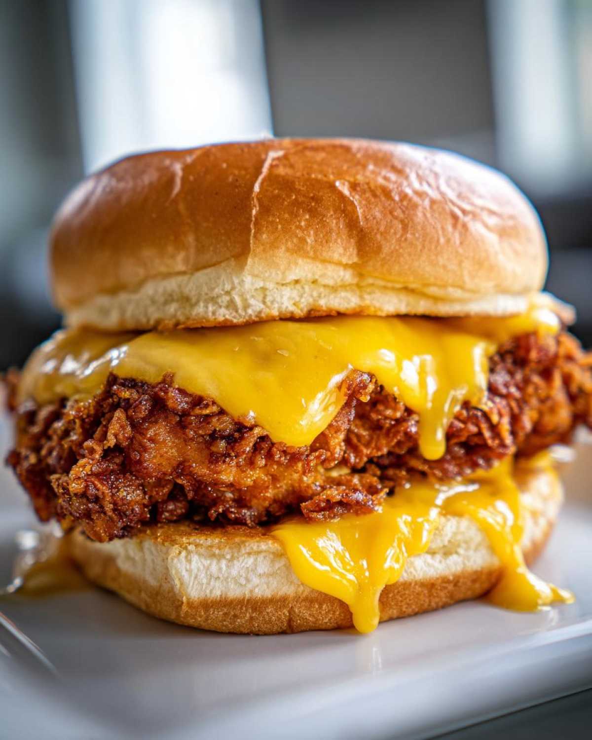 A close-up shot of a Crispy Chicken Burger with Melty Cheese dripping down the sides onto a white plate.
