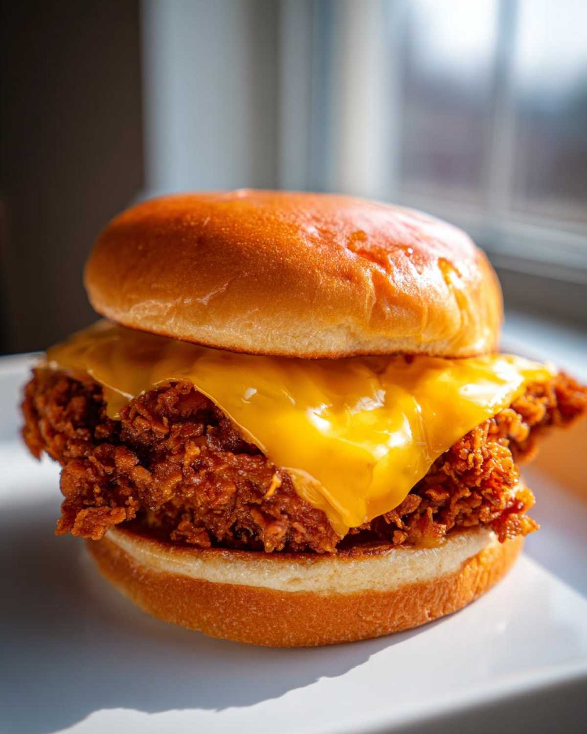 A close-up of a Crispy Chicken Burger with Melty Cheese on a brioche bun, sitting on a white plate.