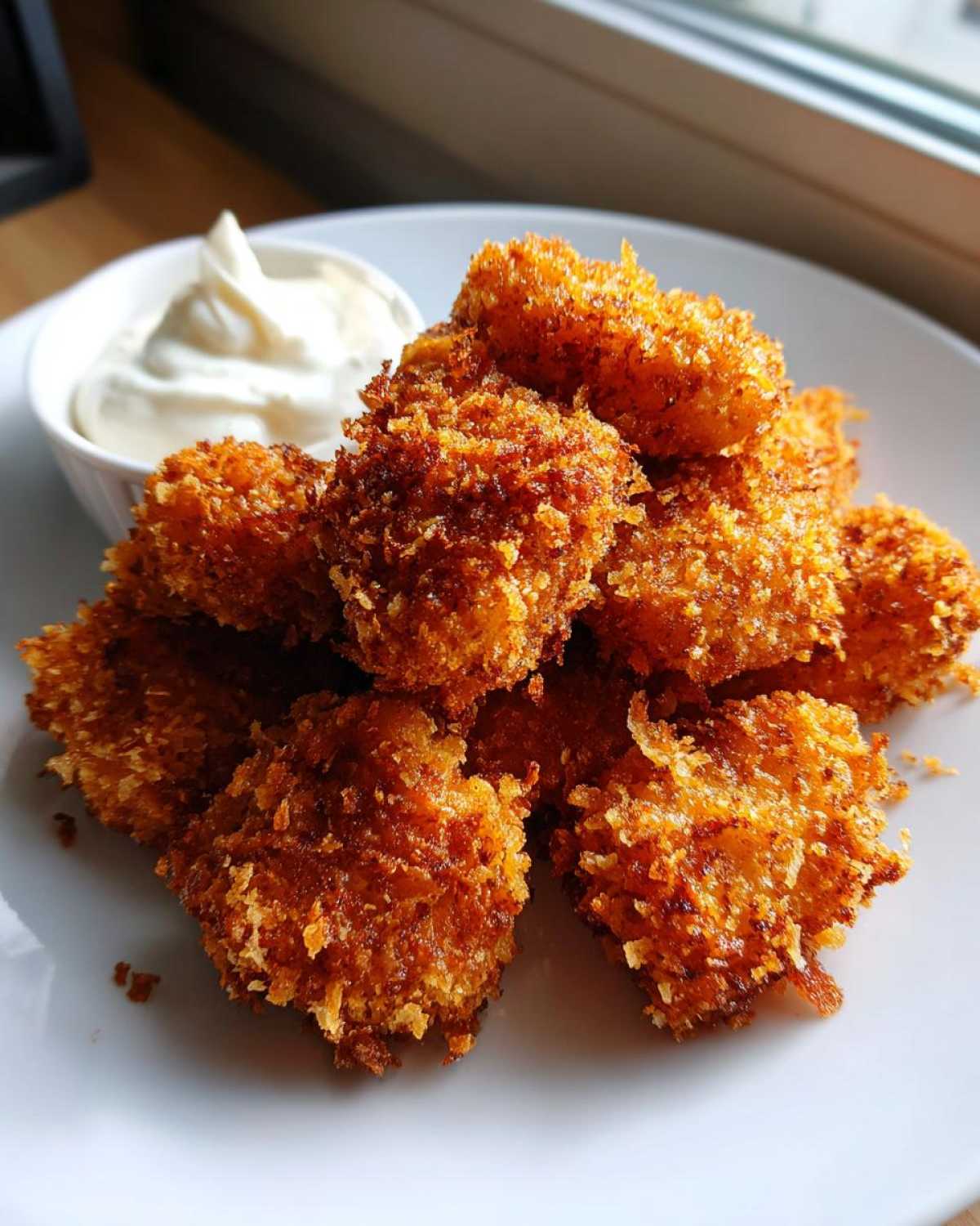 A pile of golden brown, extra crispy chicken nuggets served with a small bowl of creamy garlic dip.