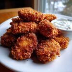 A pile of golden brown, crispy chicken nuggets served on a white plate next to a small bowl of creamy garlic dip.