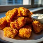 A pile of golden brown Crispy Chicken Nuggets with Garlic Dip served on a white plate near a window.