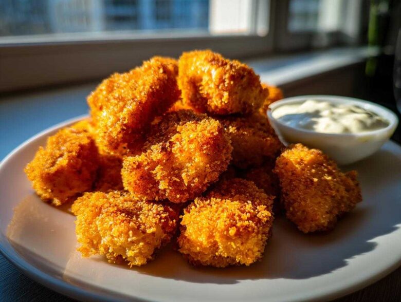 A pile of golden brown Crispy Chicken Nuggets with Garlic Dip served on a white plate near a window.